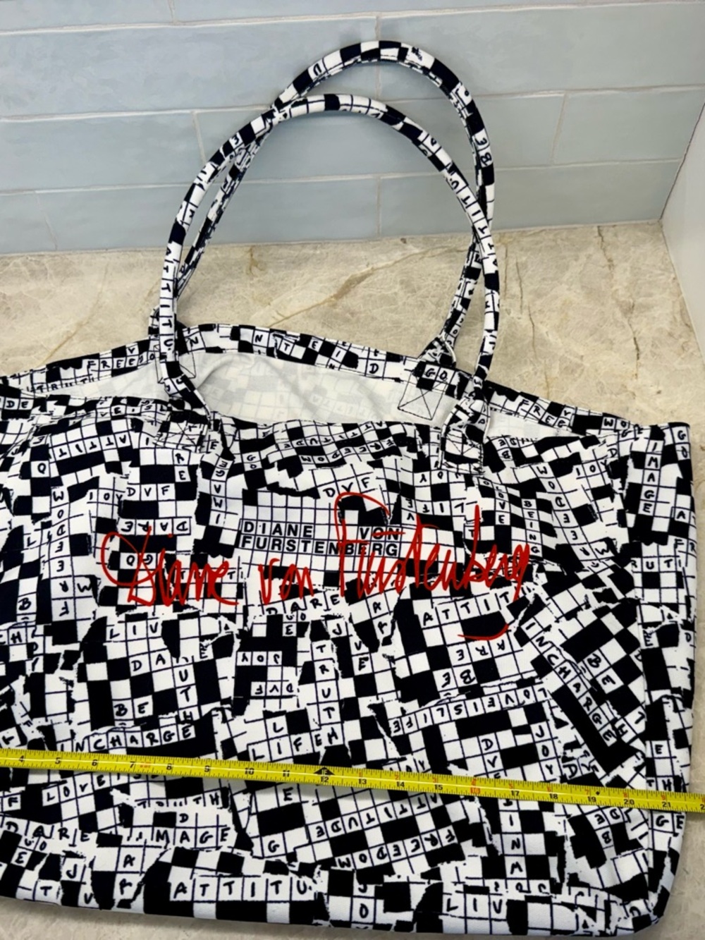 Diane Von Furstenberg Black & White Crossword Tote with Red Script